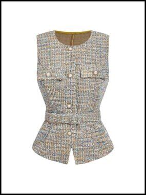 Sleeveless Belted Tweed Plaid Vest, Button Down Collared Neck, Office Work,